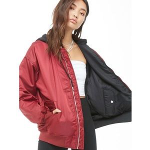 REVERSIBLE Bomber Jacket in Wine/Black with Detachable Hood from Forever 21